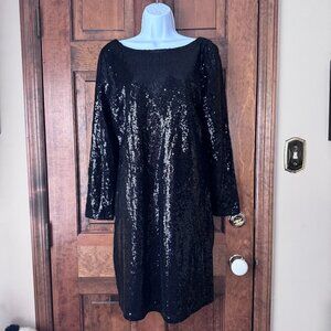 Black Sequin Long Sleeve Dress w/Deep V Back X-Large